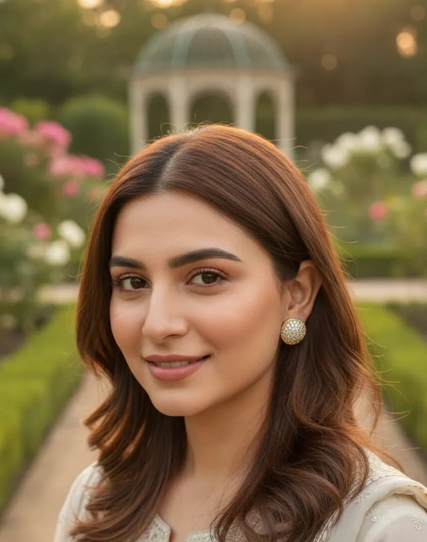 Woman with long brown hair and earrings standing in a garden with a gazebo in the background