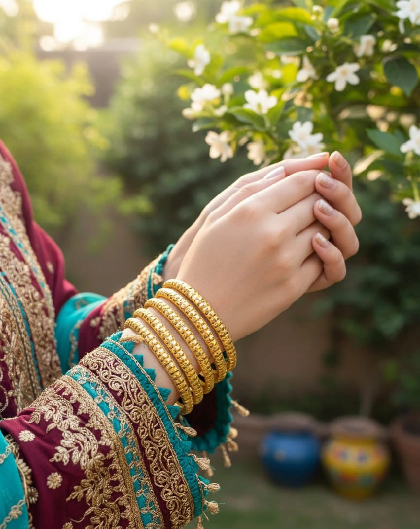 Person wearing a maroon traditional outfit with gold embroidery, holding a phone.