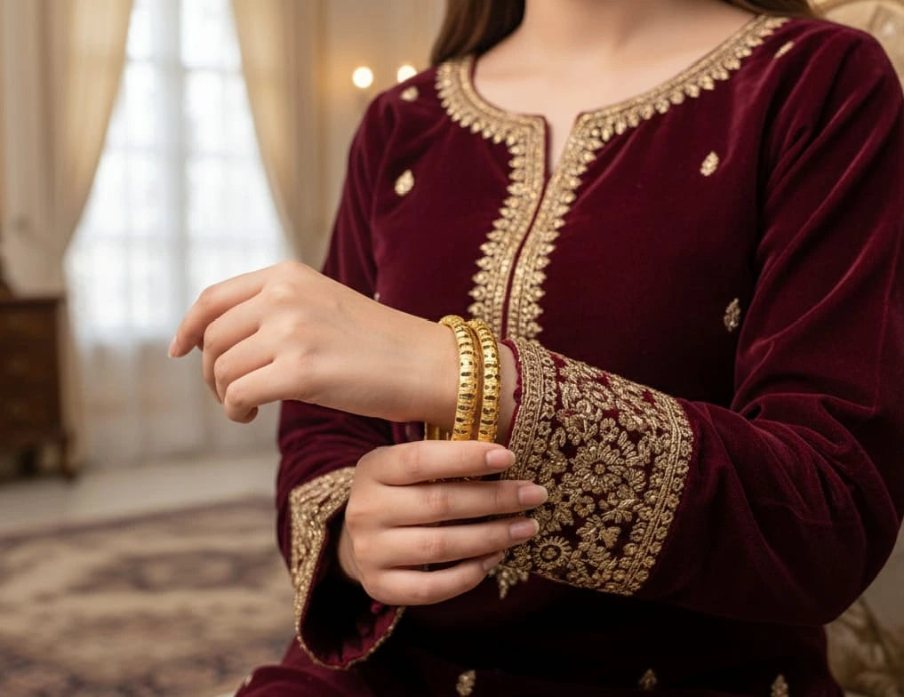 Person wearing a maroon traditional outfit with gold embroidery, holding a phone.
