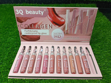 Set of 3Q beauty lip glosses in a display case on grass
