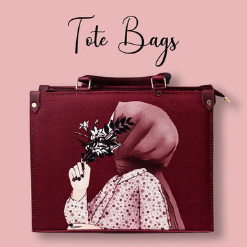 Maroon tote bag with artistic design of a person holding flowers, on a pink background with 'Tote Bags' text.