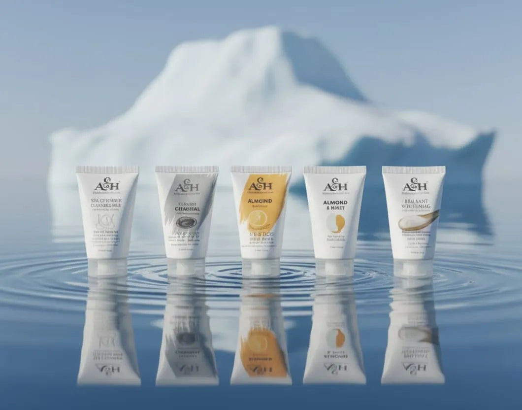 ASH skincare products with a mountain and water background
