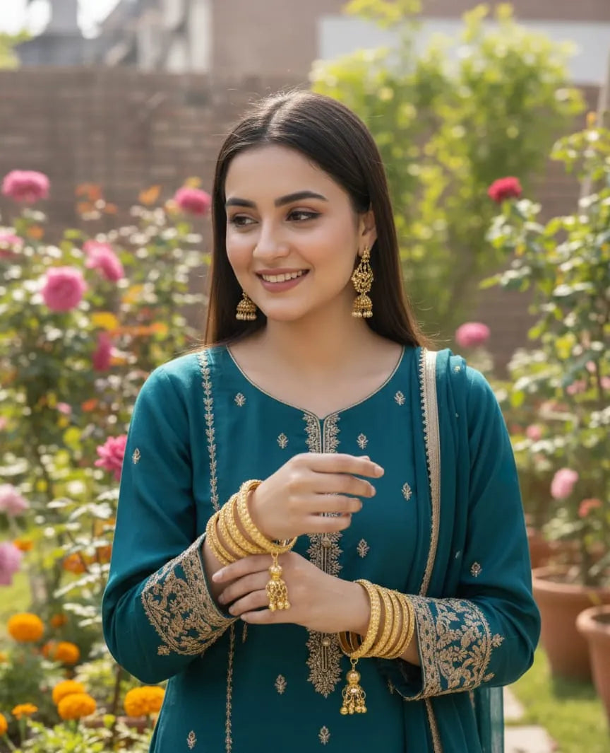 Two gold bracelets with intricate designs on a white background