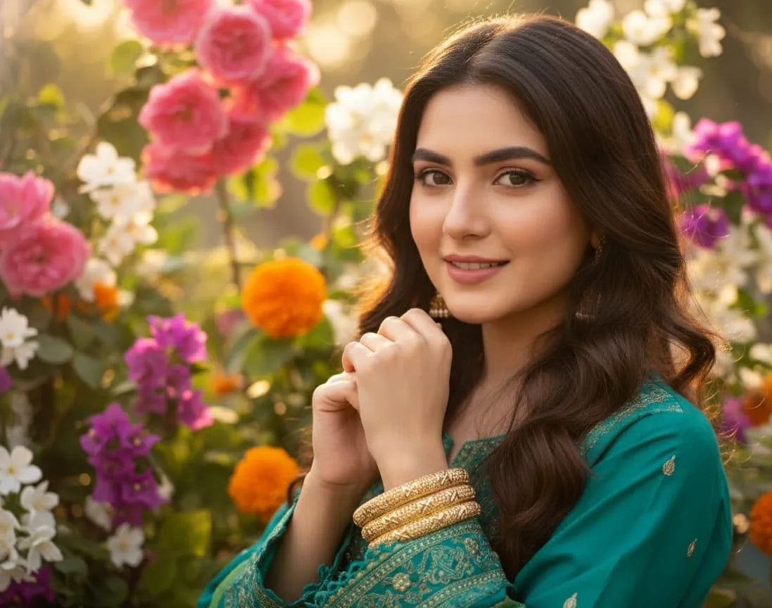 Woman in a teal traditional outfit with gold bangles standing amidst colorful flowers.