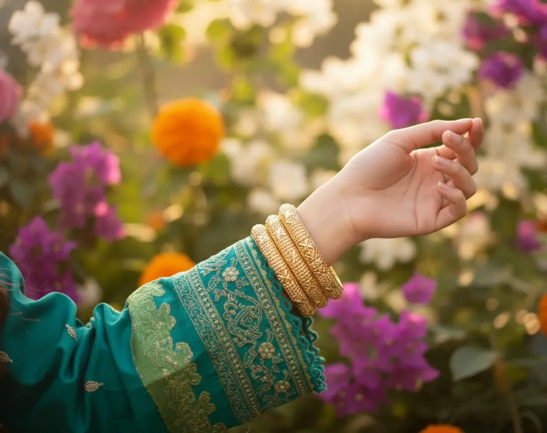 Woman in a teal traditional outfit with gold bangles standing amidst colorful flowers.