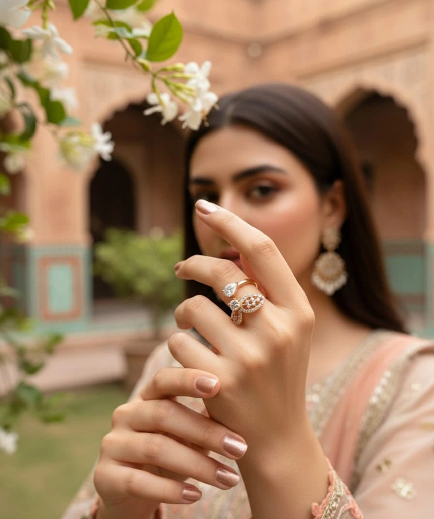 Woman wearing multiple rings with a blurred outdoor background