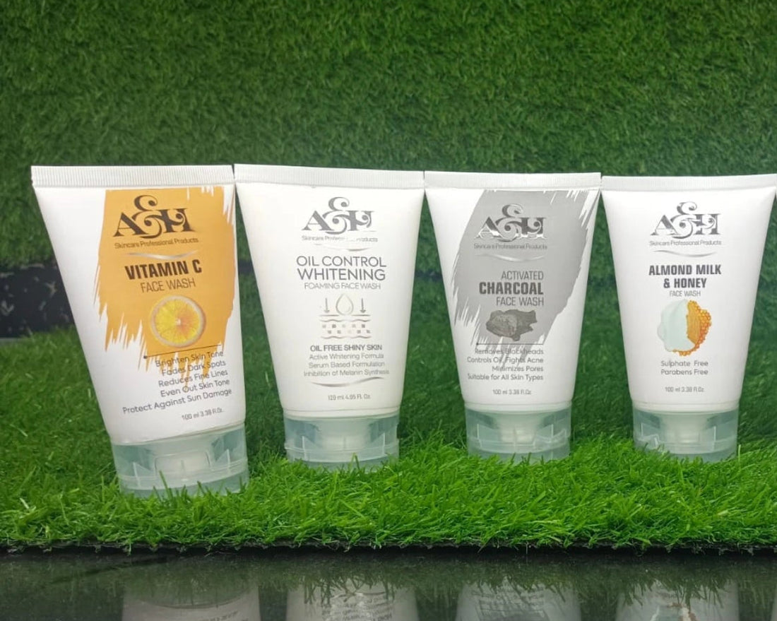 ASH skincare products with a mountain and water background