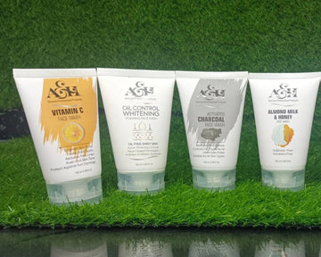 Row of AGF skincare products on a grass-like surface