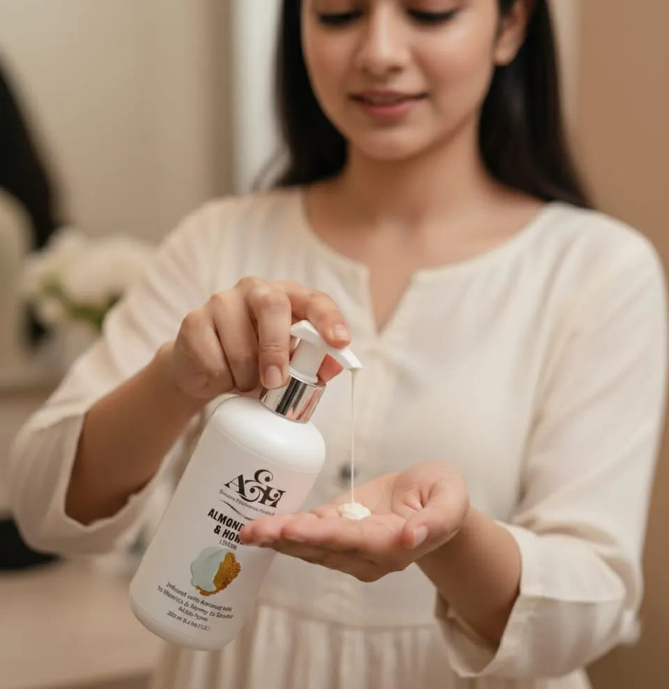 Woman holding a bottle of skincare product with a pump, applying it to her palm.