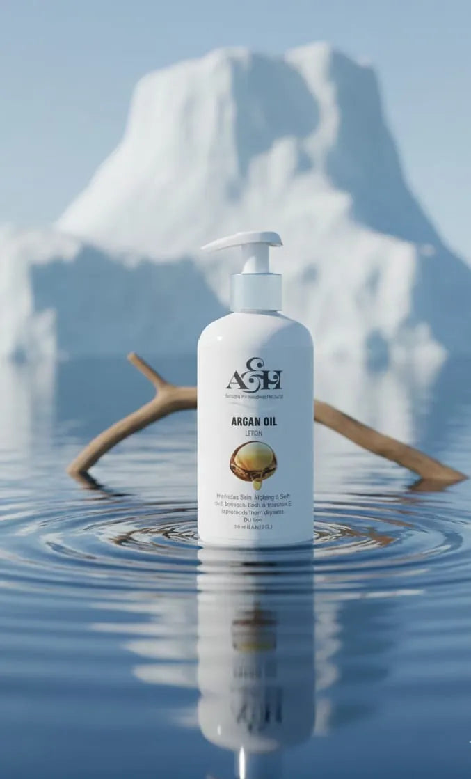 White bottle of Argan Oil with pump on water surface, mountain in background