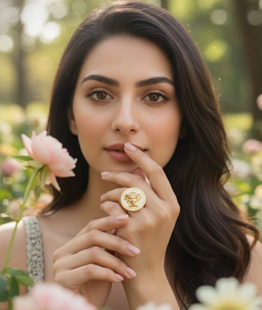 Woman wearing a gold ring with a lion emblem in a garden setting