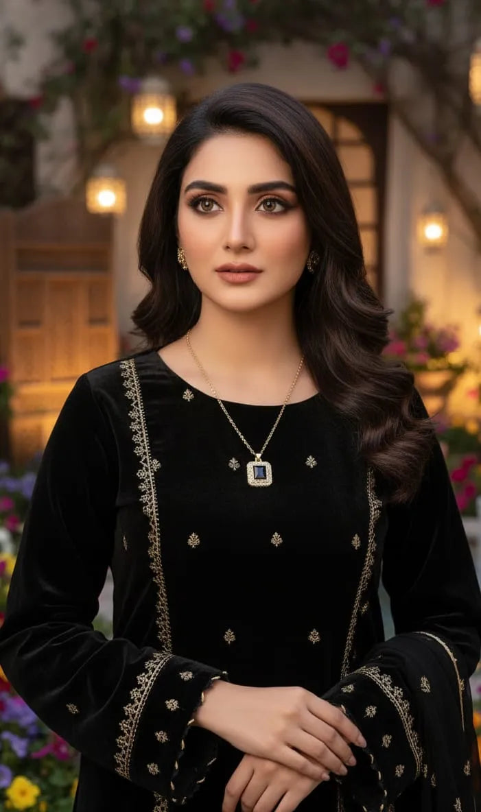 Gold necklace with a black square pendant on a gray fabric background