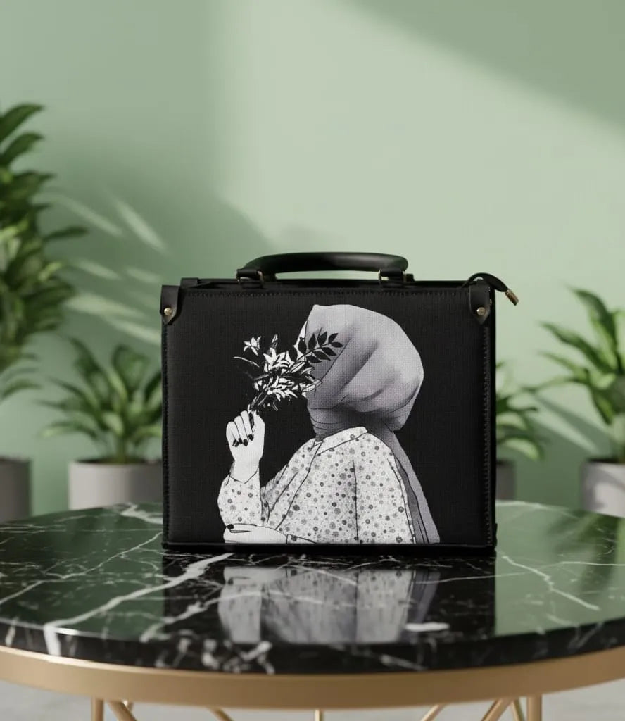 Black suitcase with a printed design of a woman in a headscarf on a marble table with plants in the background.