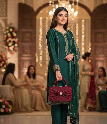 Woman in a green traditional outfit holding a purple handbag in a decorated indoor setting.
