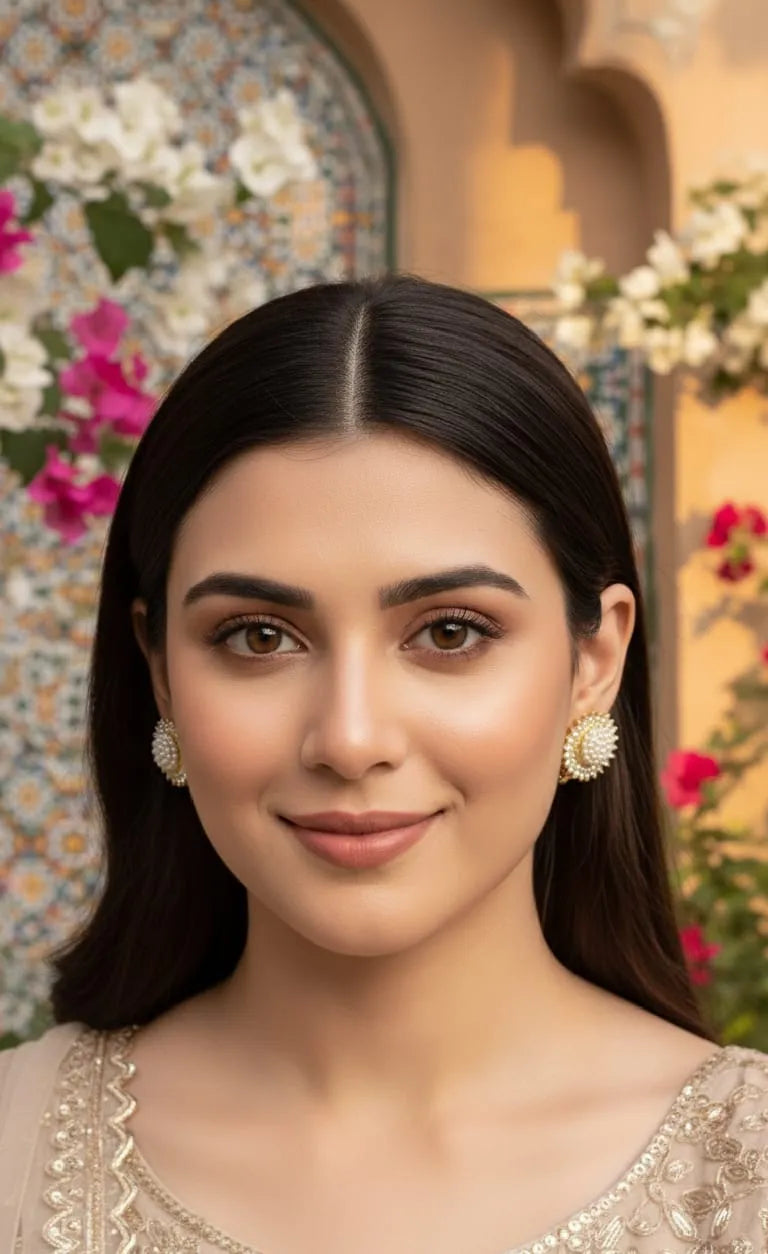 Close-up of a woman wearing a decorative earring with a blurred floral background