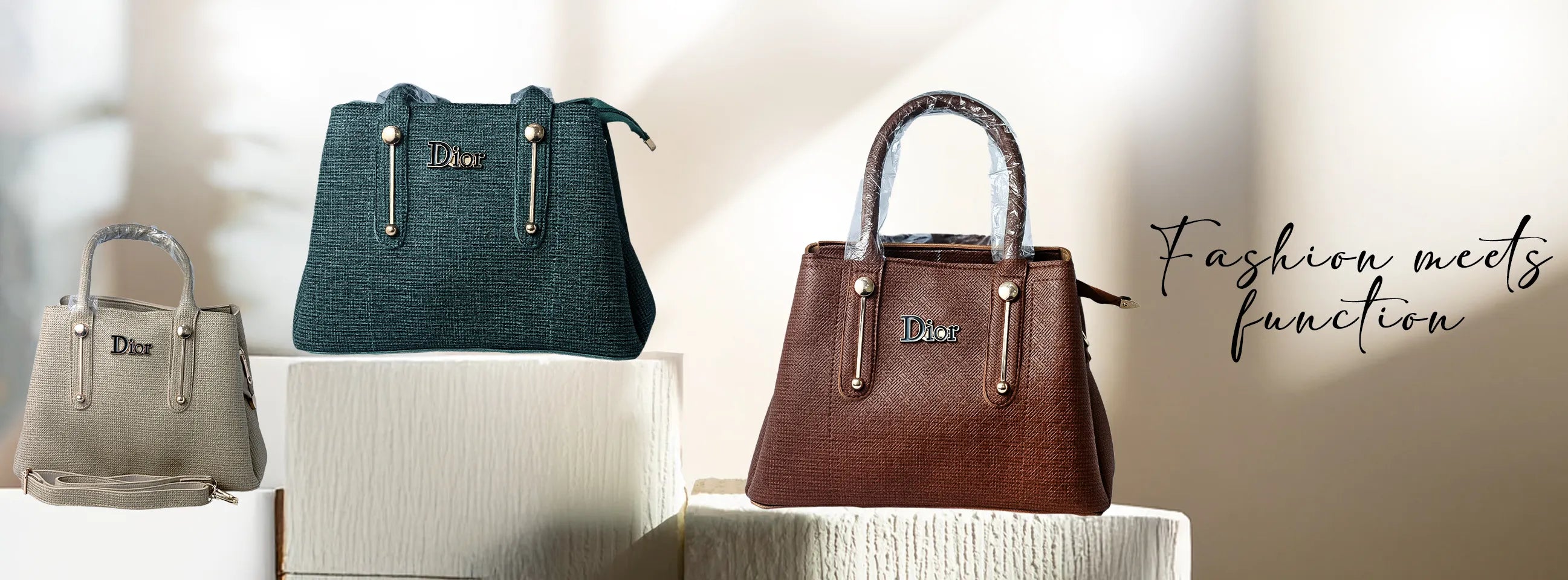 Three handbags displayed against a neutral background with 'Fashion meets function' text.1621243260e1af0c20-1