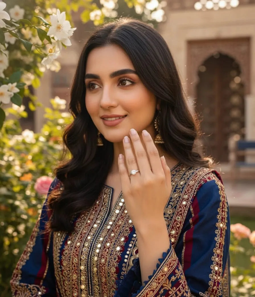 Woman in traditional attire holding hand with ring, floral and architectural background