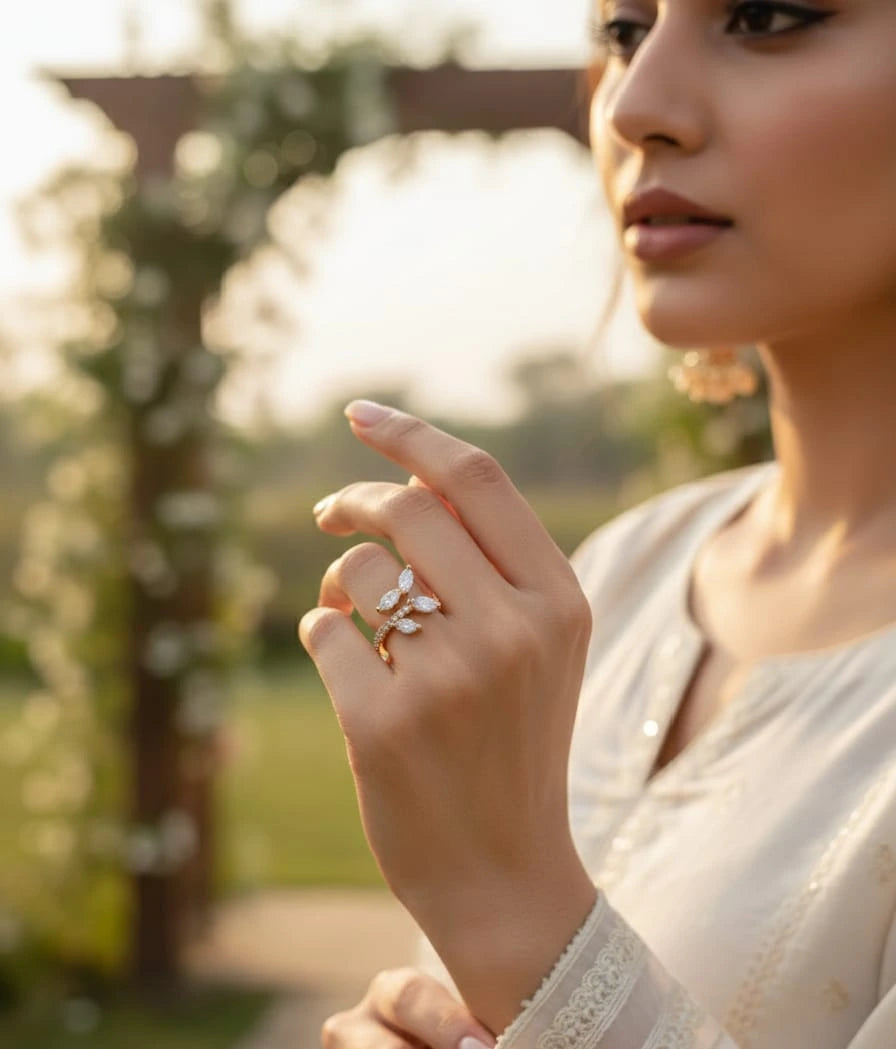 Woman wearing a ring with a floral design outdoors