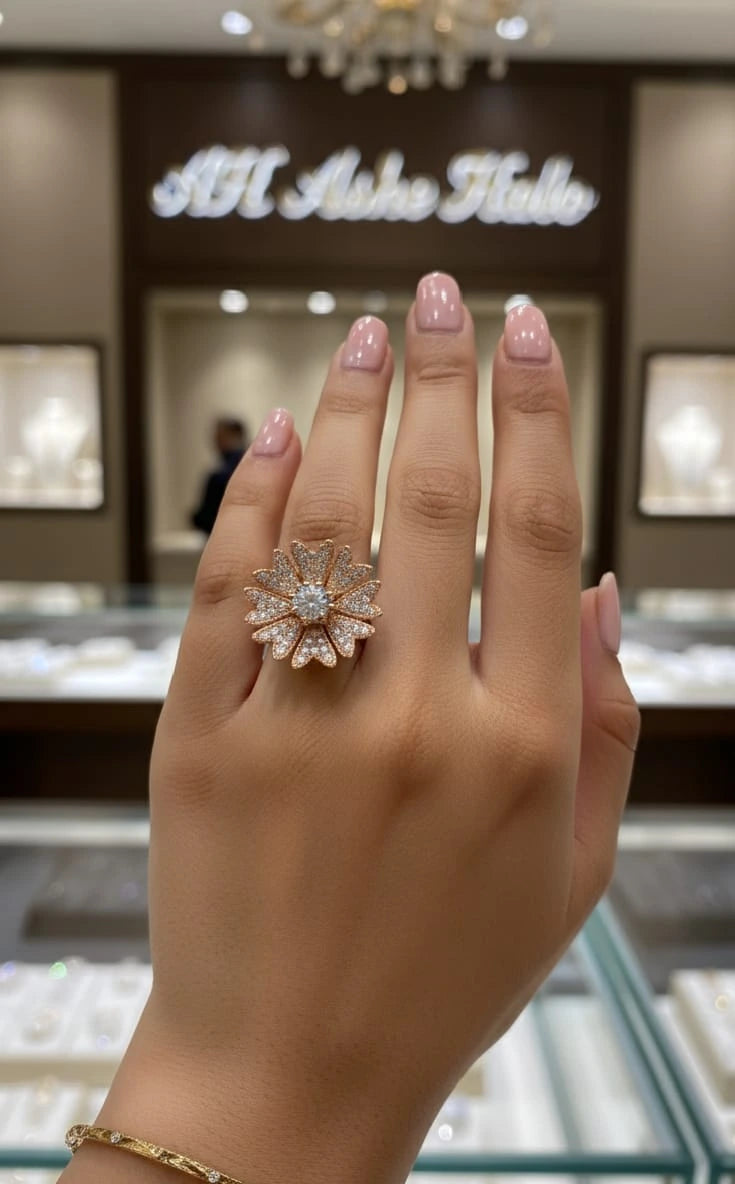 Hand wearing a decorative ring with a blurred jewelry store background