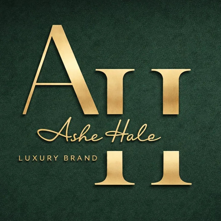 Gold logo of Ashe Hale on a dark green textured background