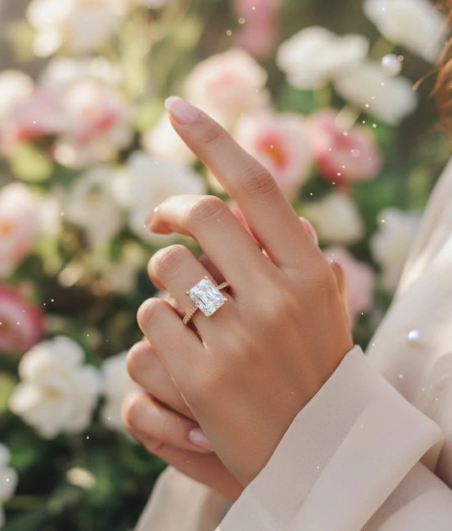 Hand wearing a diamond ring with a blurred floral background