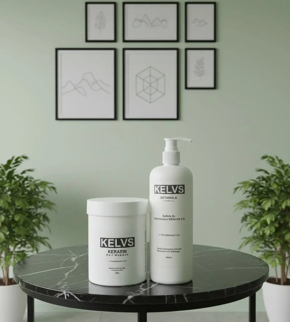 KELVS hair care products on a marble table with a minimalistic wall art background