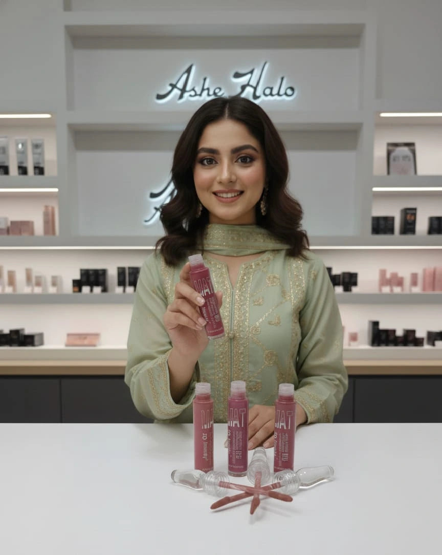 Set of 3Q beauty lip glosses in a display case on grass