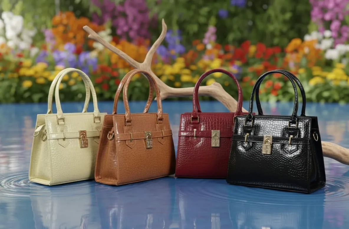 Four handbags in beige, brown, red, and black on a reflective surface with a floral background.