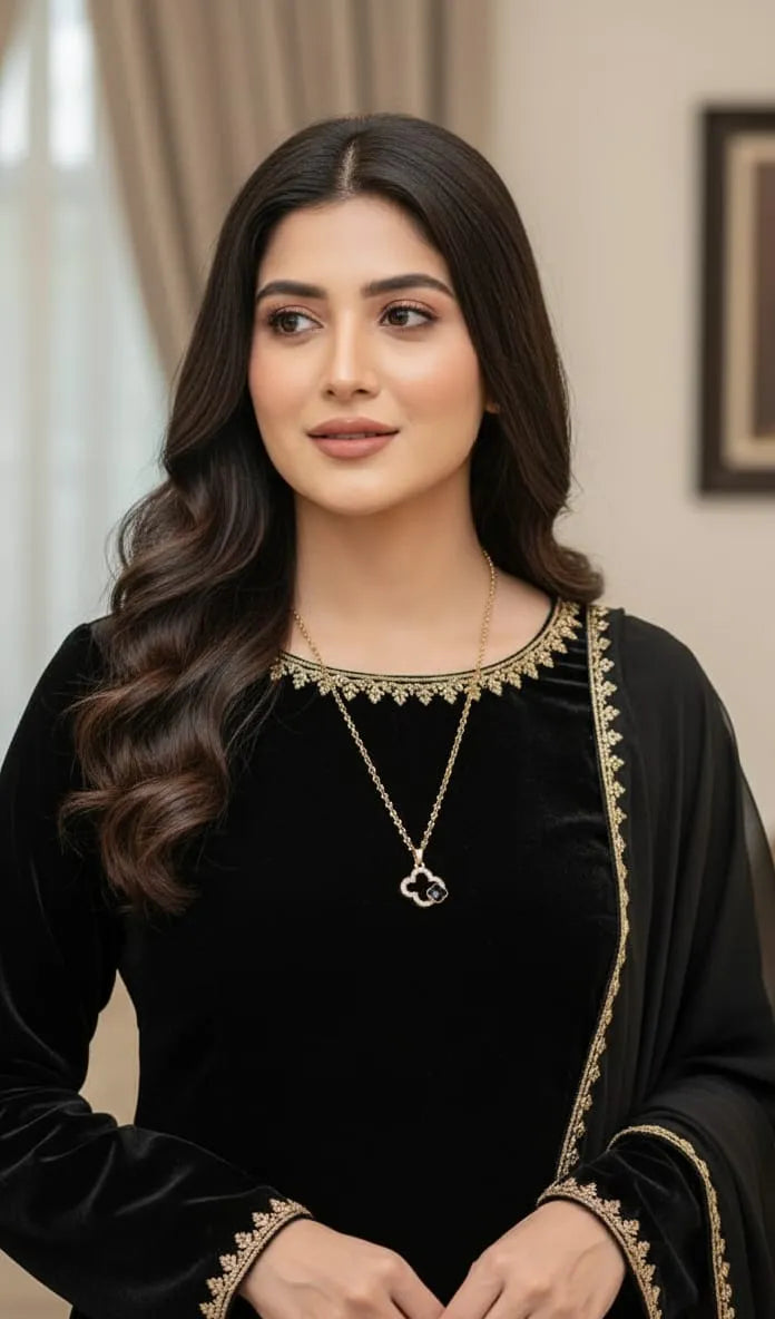 Gold necklace with a clover-shaped pendant on a gray fabric background