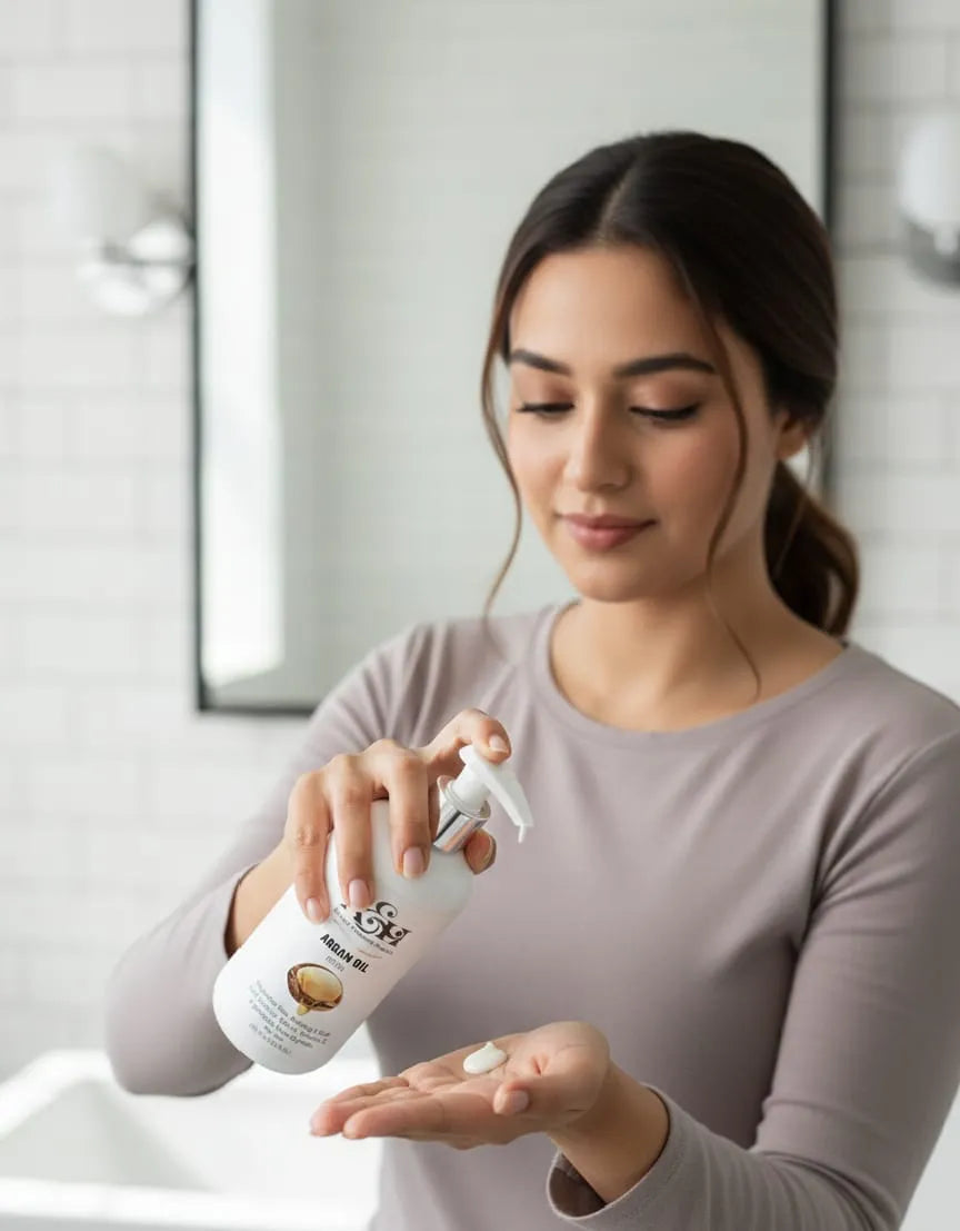 Woman applying lotion to her hand in a bathroom setting