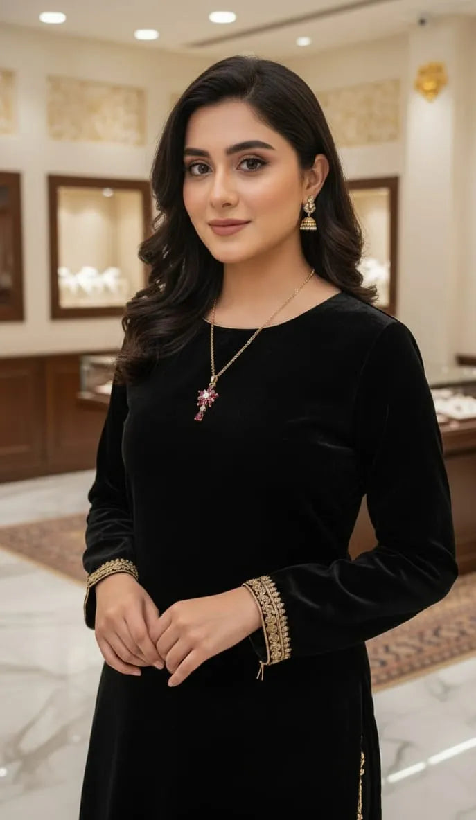 Woman in a black dress with gold accents standing in an elegant interior setting.