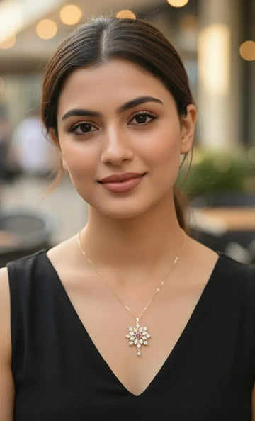 Woman wearing a necklace with a blurred background