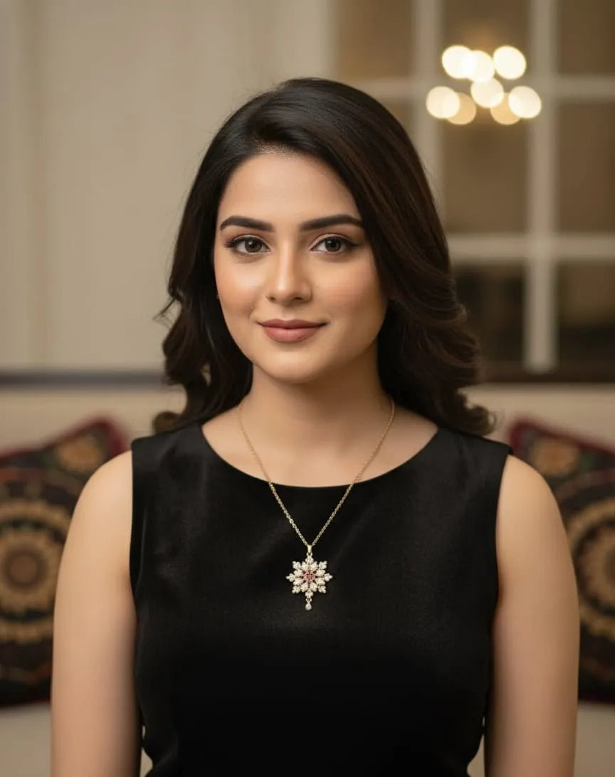 Woman wearing a necklace with a blurred background