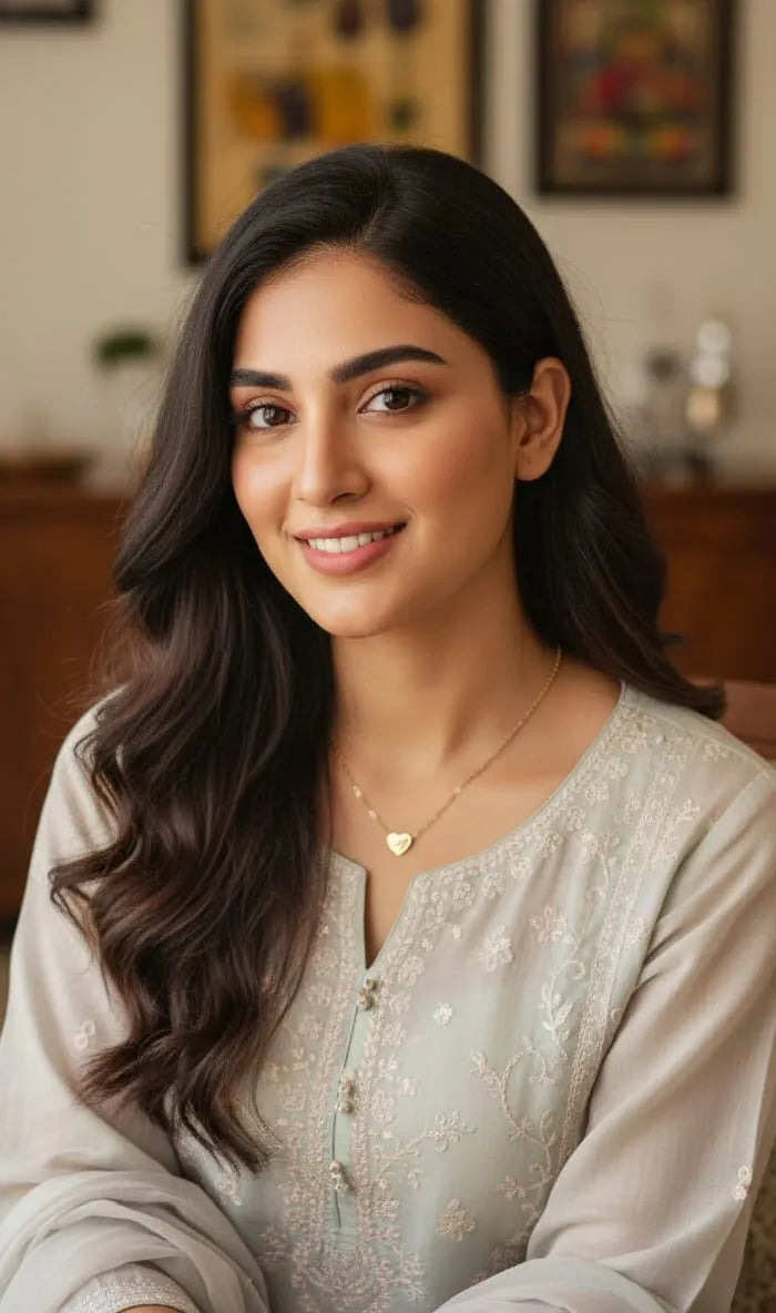 Woman with long dark hair wearing a light-colored top indoors.