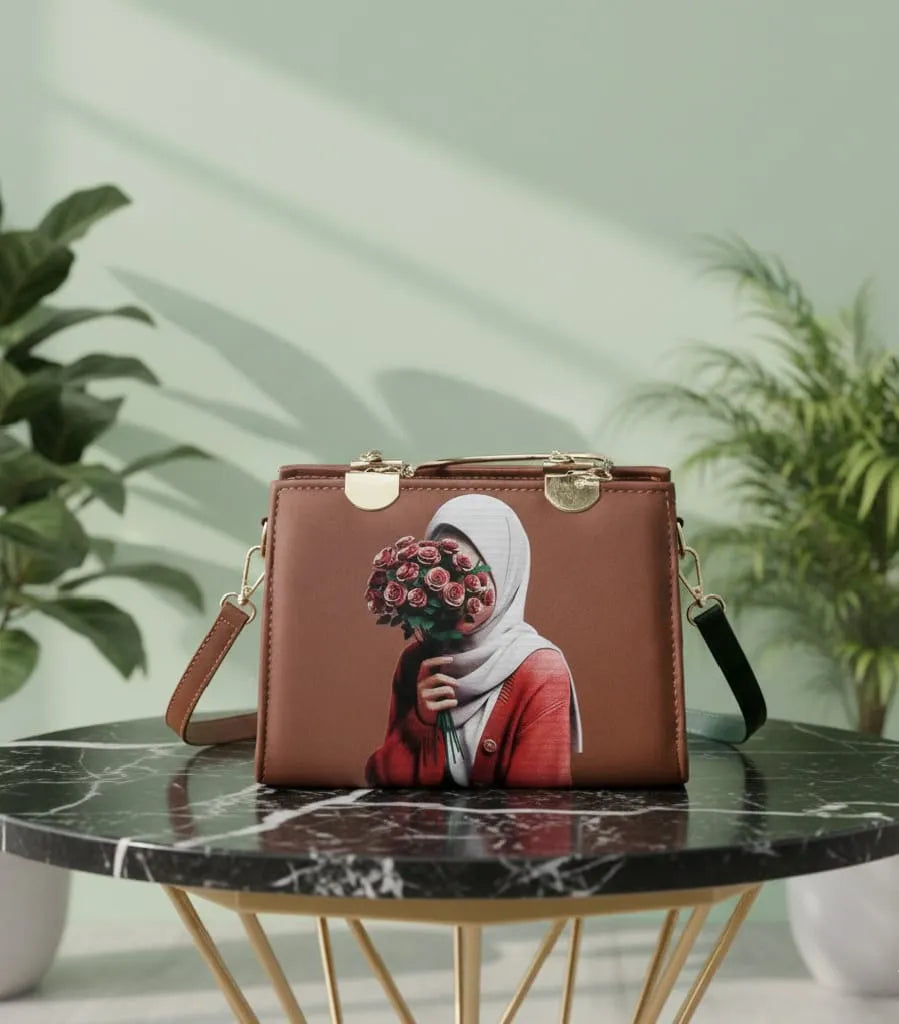 Brown handbag with artistic design on a marble table with plants in the background