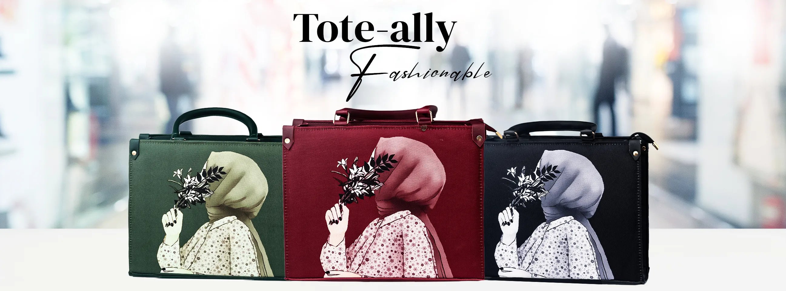 Three handbags with floral designs and hijabs on a blurred background, featuring the brand 'Tote-ally Fashions'.slider_item_y7fAqU