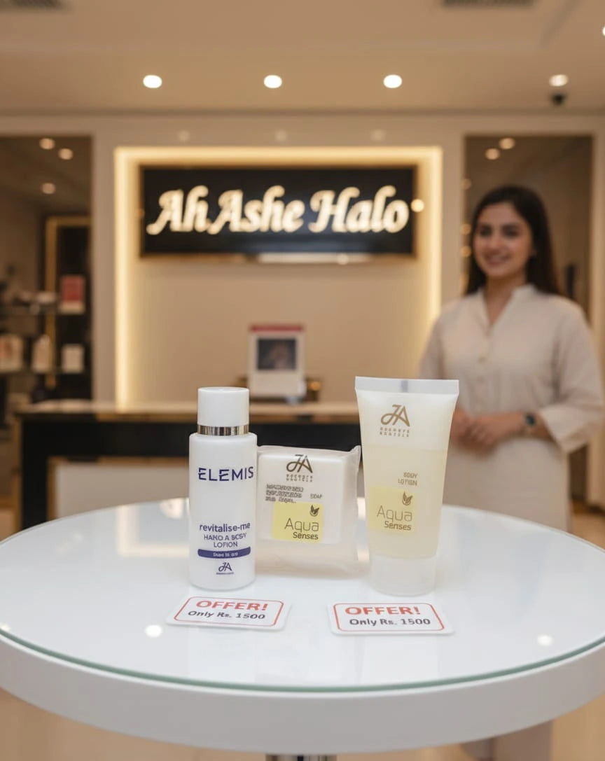 Cosmetic products on a table with 'Ah Ashe Halo' branding in the background
