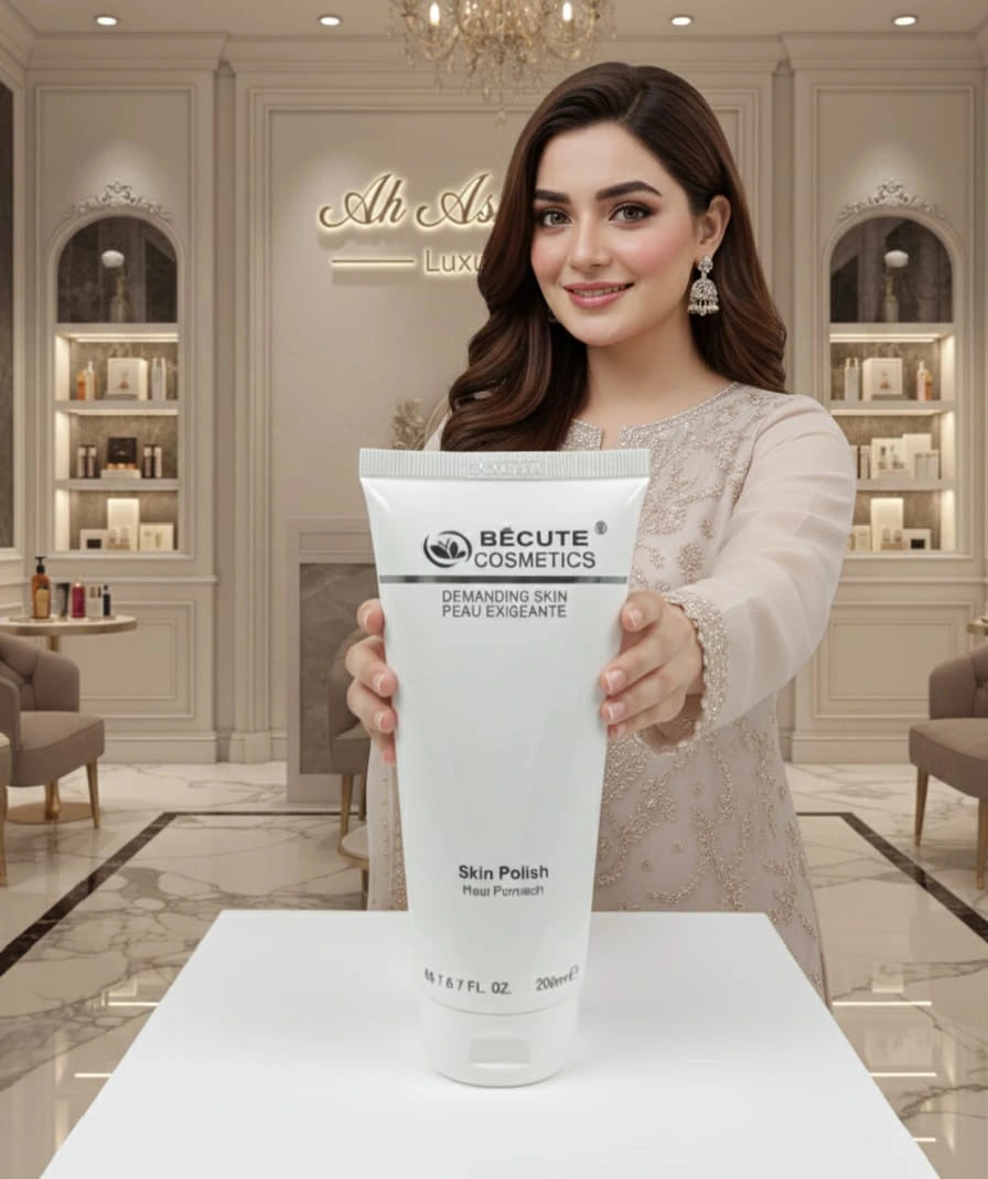 Woman holding a Becute Cosmetics product in a luxurious setting