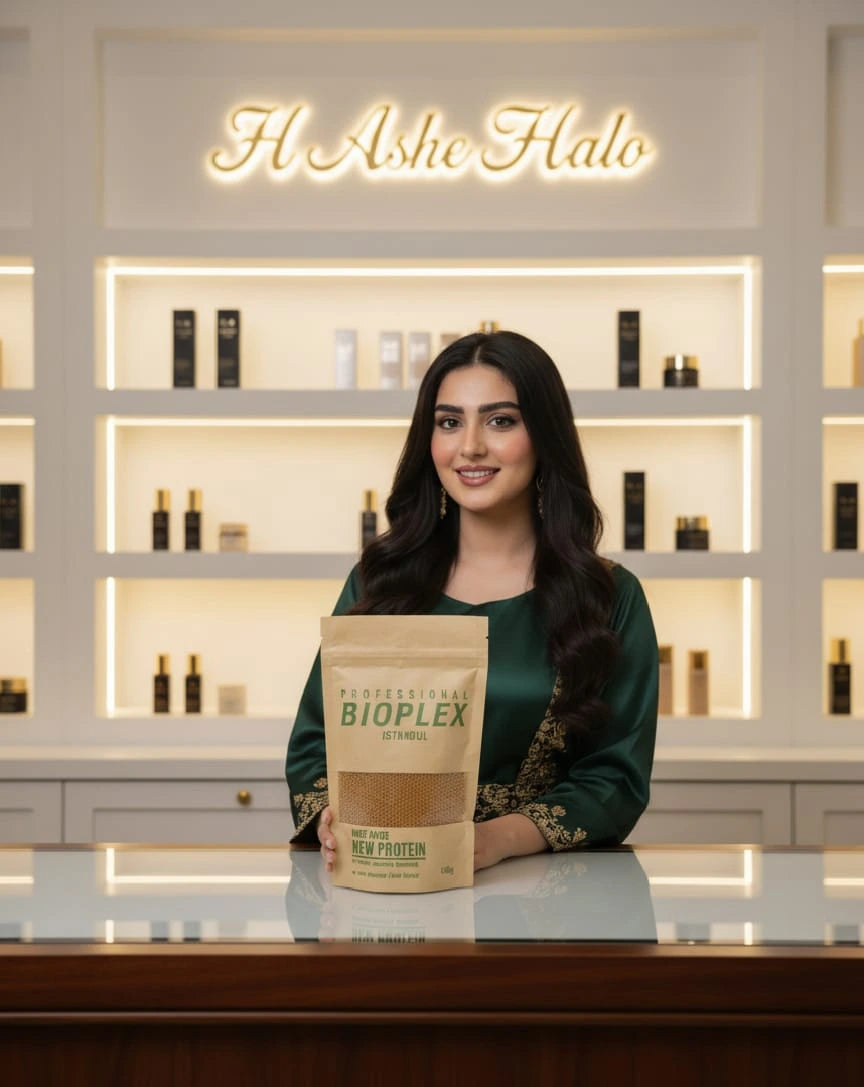 Woman holding a Bioplex package in front of a display with 'H Ashe Halo' branding.