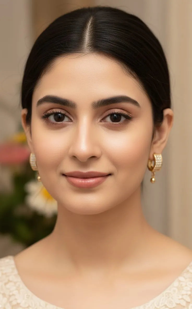 Close-up of a woman wearing gold earrings with a blurred floral background
