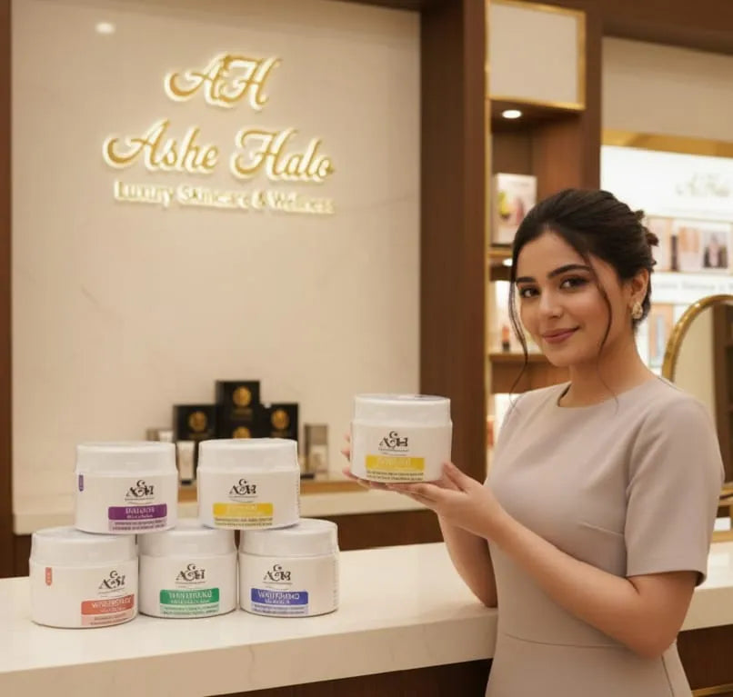 Woman holding a container of AH Ashe Hale products in a store setting