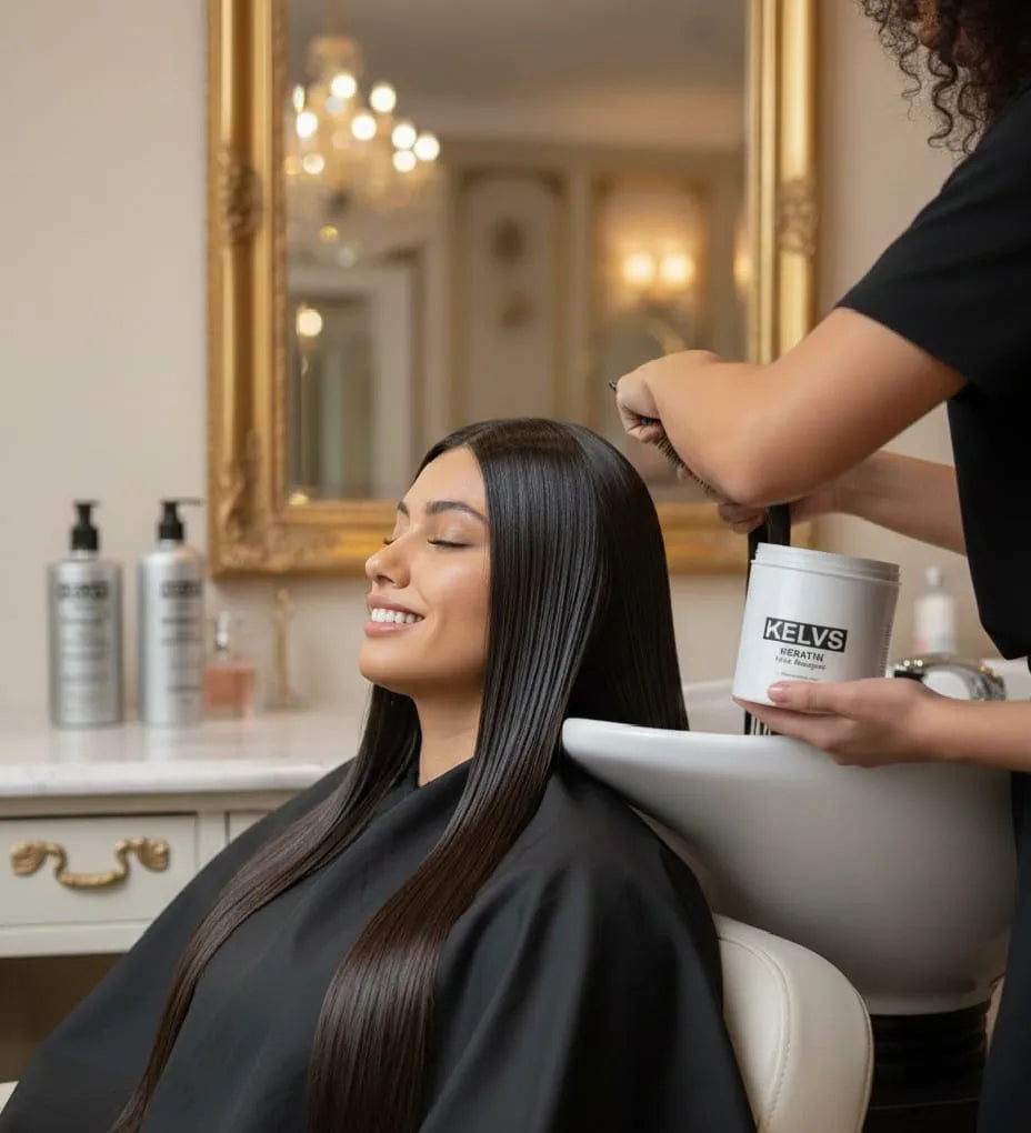 KELVS hair care products on a marble table with a minimalistic wall art background