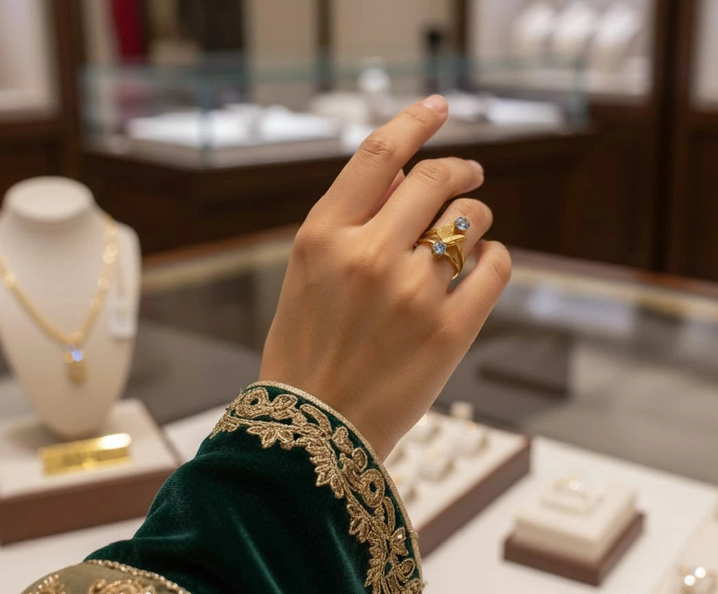 Hand wearing a gold ring with gemstones in a jewelry store setting