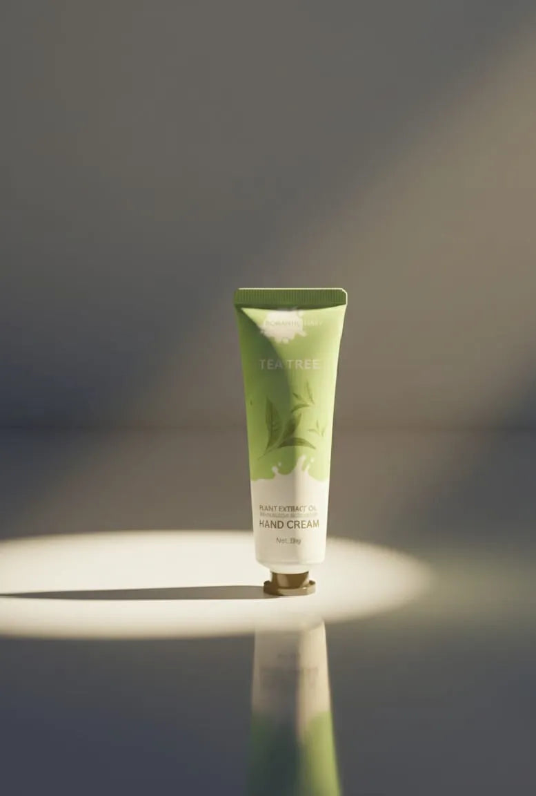 Hand holding a green and white skincare product on a marble surface